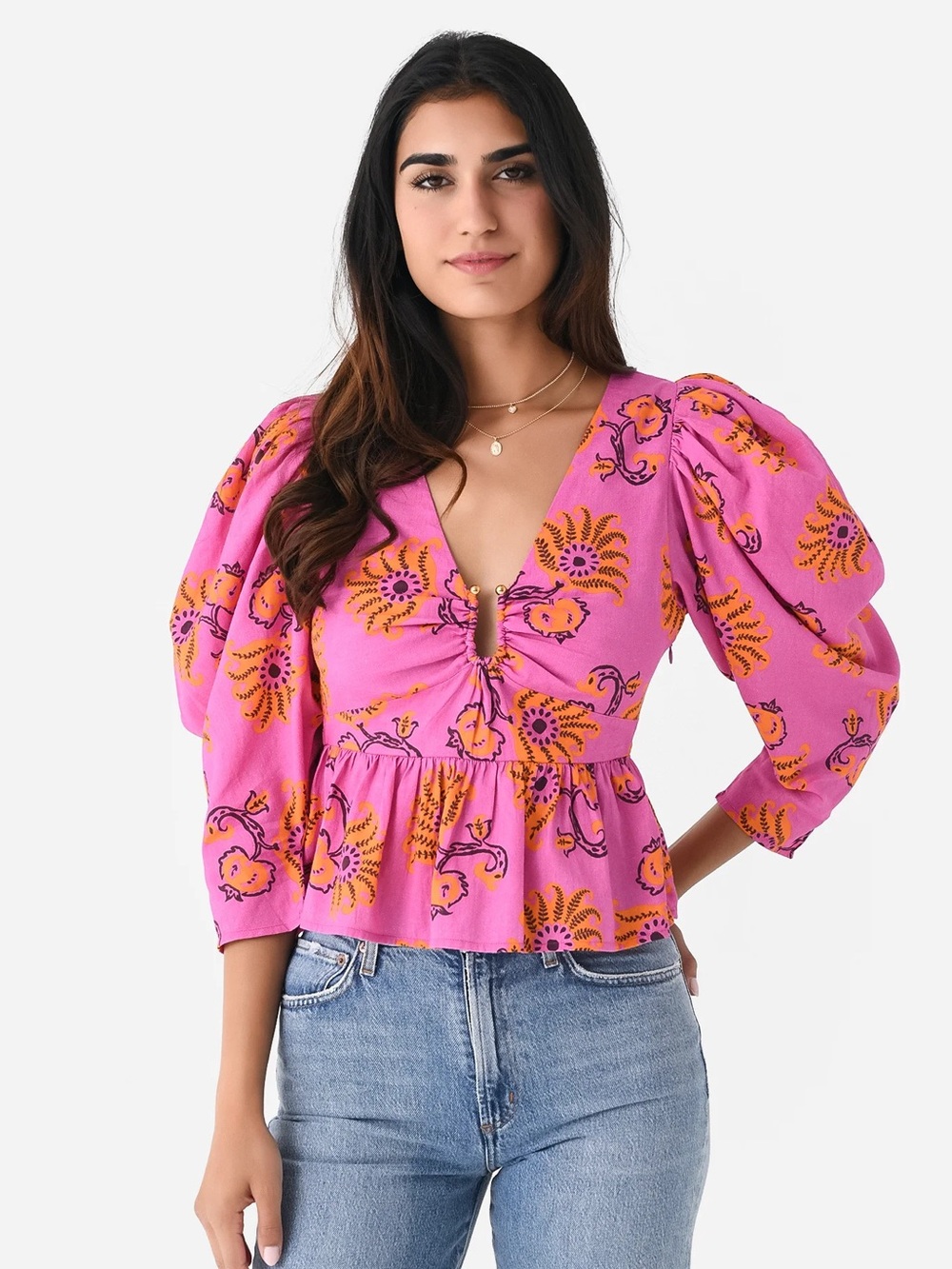 RHODE Pink Floral Peplum Blouse with Puff Sleeves